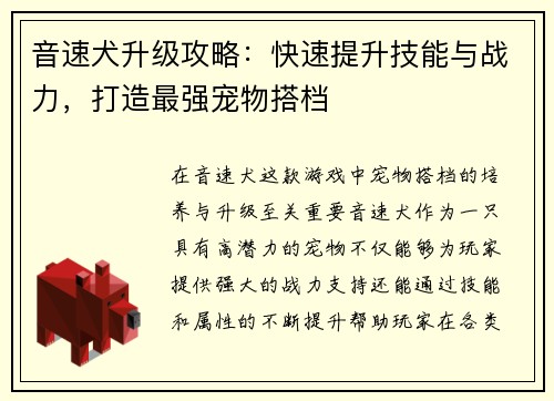 音速犬升级攻略：快速提升技能与战力，打造最强宠物搭档